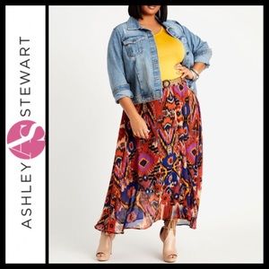 NWT Ashley Stewart Belted Abstract Hi Low Maxi Skirt